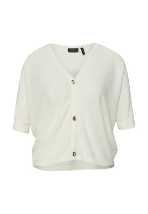 Witte korte mouwen gebreide cardigan met drie zwart-wit patroonknopen en een V-halskraag.