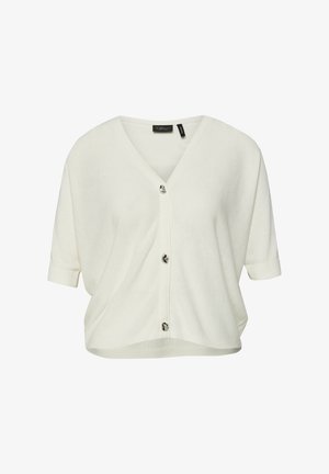 Biały krótki sweter rozpinany z dzianiny z trzema czarno-białymi wzorzystymi guzikami i dekoltem w serek.