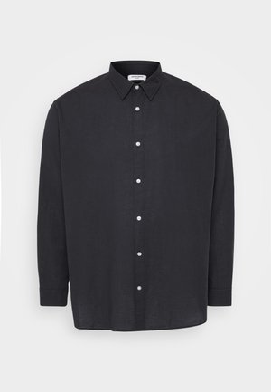 Black long-sleeve button-up shirt made of linen with a standard collar, featuring white buttons down the front and a relaxed fit.