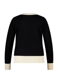 Zwarte trui met een crème geribde kraag en manchetten. Klassiek ontwerp, zachte textuur, lange mouwen en een rechte zoom.