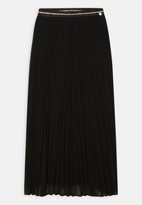 Zwarte plooienrok met een metallic-accentueerde tailleband. Heeft vloeiende stof en een lange, zachte textuur voor comfortabel dragen.