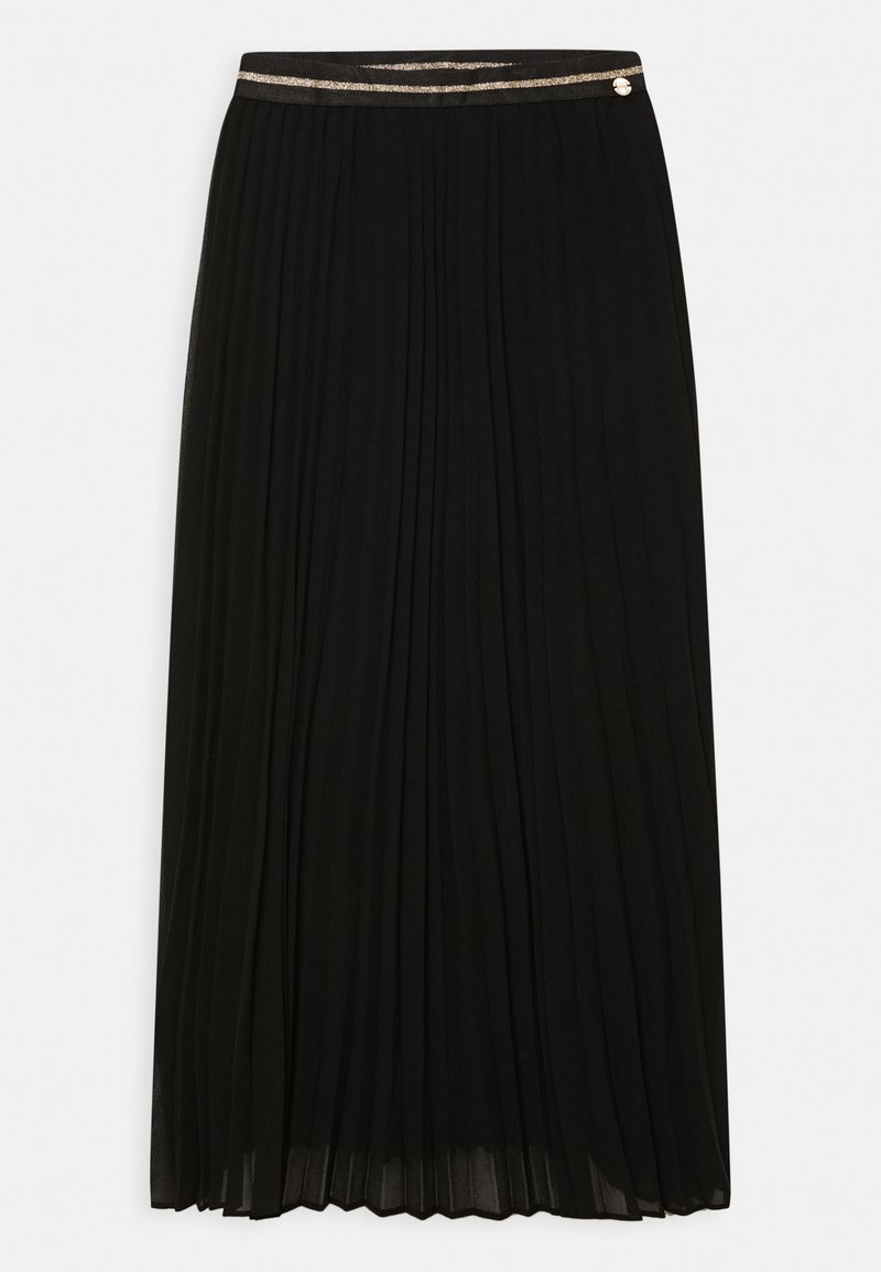 Zwarte plooienrok met een metallic-accentueerde tailleband. Heeft vloeiende stof en een lange, zachte textuur voor comfortabel dragen.