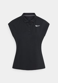 Svart polo skjorta tillverkad av Dri-FIT-material, med en treknapps-knäppning, korta ärmar och en vit Nike-logotyp på vänster sida.