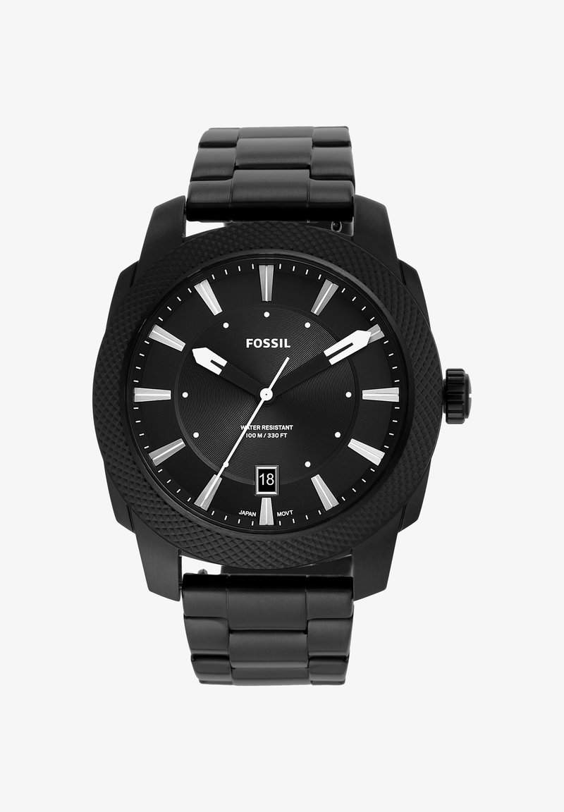 Montre-bracelet noire Fossil avec bracelet à maillons métalliques, affichage de la date à 6 heures, index argentés, et résistance à l'eau jusqu'à 100 m.