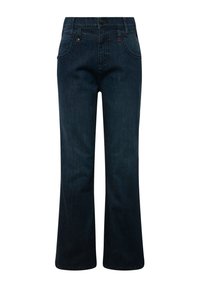 Tmavě modré džíny z denimu s rozšířeným střihem nohavic, pěti kapsami a zapínáním na knoflík v pase. Hladký povrch s jemnými detaily prošití.