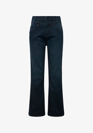 Mørkeblå denimjeans med flared ben-design, fem lommer og knaplukning i taljen. Glat tekstur med subtile syninger.