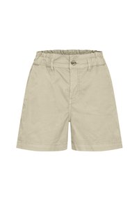 Beige bomullsshorts med en avslappet passform, elastisk midjebånd, knappelukking og sidelommer. Glatt tekstur uten synlige mønstre.