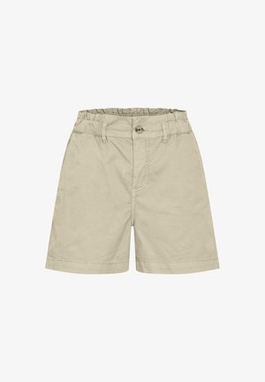 Pantaloni scurți din bumbac bej, cu o croială lejeră, talie elastica, închidere cu nasture și buzunare laterale. Textură netedă, fără modele vizibile.