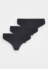 Schwarzes nahtloses Unterwäsche-Set mit drei Paaren. Jedes Paar hat eine glatte Textur, eine mittlere Leibhöhe und keine sichtbaren Nähte oder Muster.