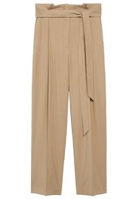 Beżowe, wysokie spodnie z szerokimi nogawkami, z pasującym paskiem z tego samego materiału związanym w talii, z plisami z przodu.