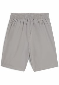 Pantalones cortos deportivos grises fabricados en tejido ligero, con una cinturilla elástica y una textura suave. Sin patrones visibles ni bolsillos.