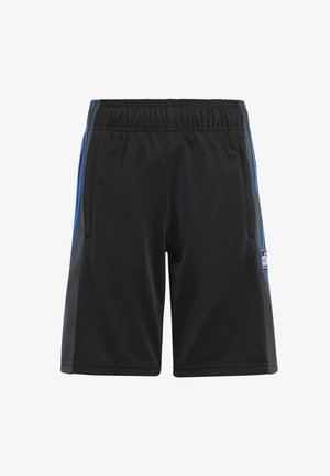Shorts de sport noirs avec des bandes latérales bleues et gris foncé et une taille élastique, avec un petit logo rectangulaire sur le côté droit.