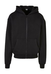 Haut à capuche zippé noir en mélange de coton. Présente une poche avant, des poignets côtelés et une capuche doublée. Texture douce, coupe décontractée.