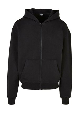 Schwarzer Reißverschluss-Hoodie aus Baumwollmischung. Mit einer vorderen Kängurutasche, gerippten Bündchen und einer gefütterten Kapuze. Weiche Textur, lockere Passform.