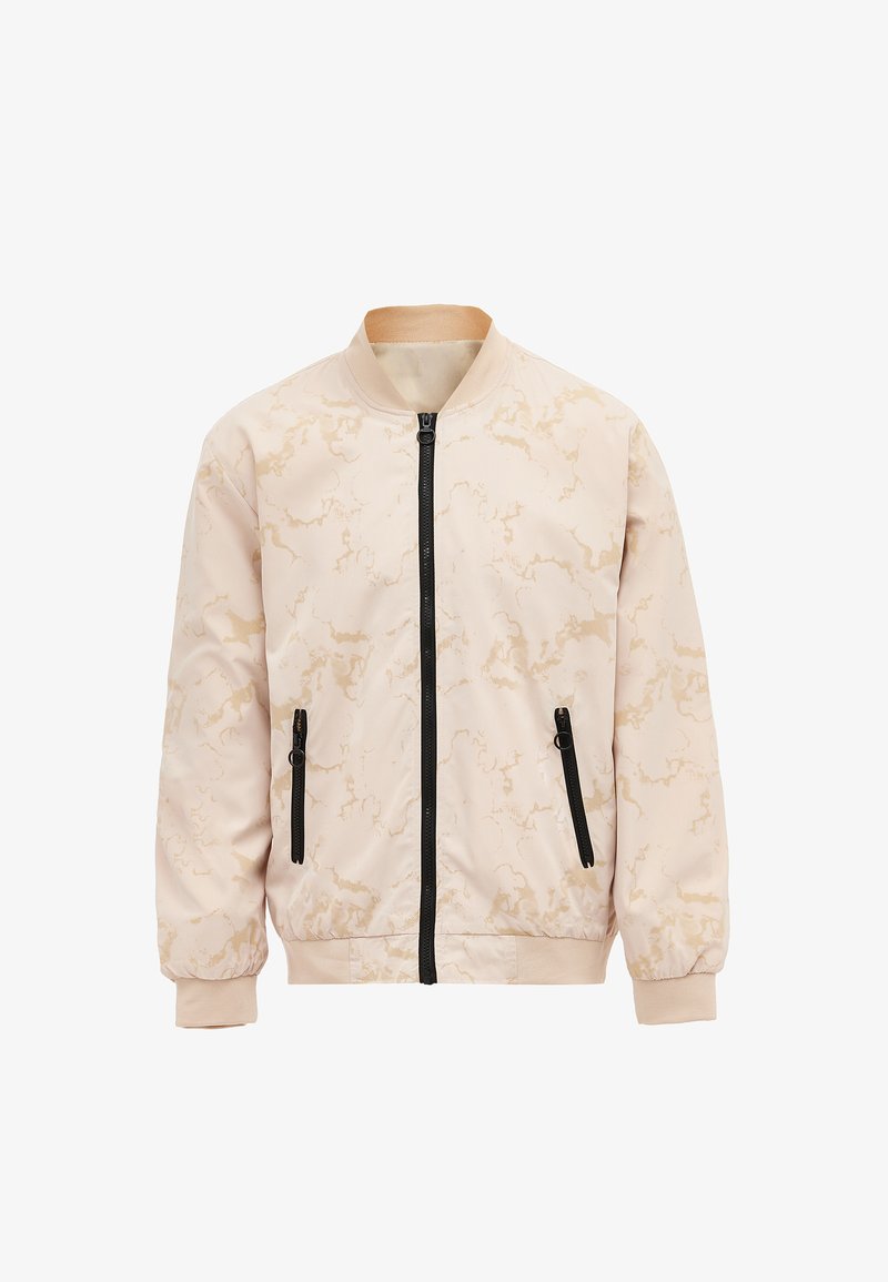 Lichtbeige bomberjack met een marmerpatroon, zwarte rits en accentzakken, ribbenkraag en mouwboorden. Soepele textuur.