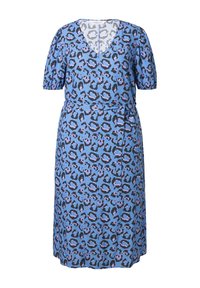 Vestido azul con mangas cortas abullonadas, escote en V y cintura ajustable, con un estampado de leopardo en tonos negros y morados.