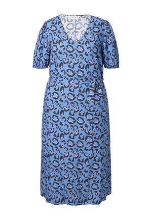 Blauwe jurk met korte pofmouwen, een V-halslijn en een strik taille, met een luipaardpatroon in zwarte en paarse tinten.