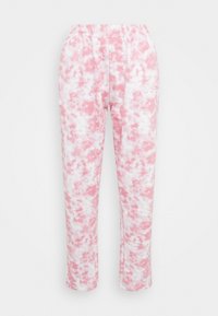Calças de moletom em tie-dye rosa e branco, com um cós elástico e bolso lateral, apresentando uma textura suave semelhante ao algodão e um corte solto.