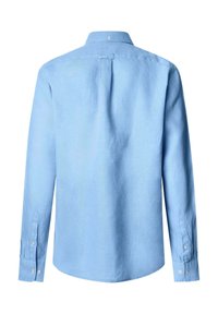 Camicia a maniche lunghe azzurro chiaro in lino, con colletto a camicia e bottoni sui polsini, orlo arrotondato e dettaglio sulgi spalle.