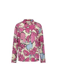Crème kleurige shirt met een bloemenpatroon voorzien van grote roze en blauwe bloemen, lange mouwen en een kraag. Heeft een knoopsluiting aan de voorkant en twee borstzakken.