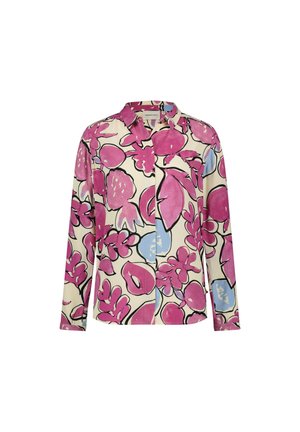 Crème kleurige shirt met een bloemenpatroon voorzien van grote roze en blauwe bloemen, lange mouwen en een kraag. Heeft een knoopsluiting aan de voorkant en twee borstzakken.