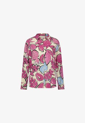 Crème kleurige shirt met een bloemenpatroon voorzien van grote roze en blauwe bloemen, lange mouwen en een kraag. Heeft een knoopsluiting aan de voorkant en twee borstzakken.