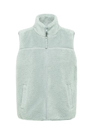 Gilet in pile di colore verde pallido, con zip frontale, colletto alto e due tasche laterali. Texture morbida con un aspetto accogliente.