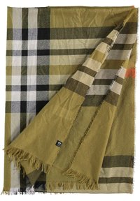 Tkaný přikrývka v zeleno-hnědém kostkovaném vzoru s třásněmi. Obsahuje velké kostkové vzory v tmavě zelené, béžové a bílé. Měkká textura.