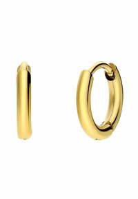 Gouden creolen met een glad, gepolijst oppervlak. Heeft een ronde vorm en een veilig slotontwerp, wat een minimalistische stijl benadrukt.