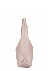 Sac à main en cuir rose à texture lisse, au design effilé et à base plate. Présente des coutures minimalistes et une silhouette épurée.