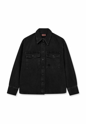 Black denim shirt featuring a pointed collar, two chest pockets, button closure, and long sleeves with button cuffs. Subtle texture.