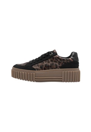 Schwarze Sneakers mit Tierdruck auf der Plattform aus strukturiertem Material, runder Zehenform und dickem geripptem Sohlen. Ausgestattet mit schwarzen Lederakzenten und Schnürsenkeln.