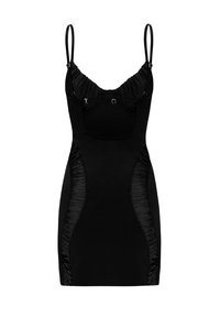 Schwarzes Kleid mit dünnen verstellbaren Trägern, gerafftem Stoff entlang des Brustbereichs und seitlichen Einsätzen, glatter Textur und einer figurbetonten Silhouette.