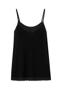 Zwarte cami-top van zacht materiaal, met verstelbare spaghettibandjes en een kantafwerking langs de halslijn en zoom.
