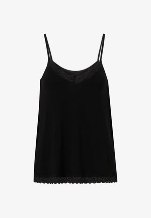 Sort camisole-top lavet af blødt materiale, med justerbare spaghetti-stropper og en blondertrim langs udskæringen og kanten.