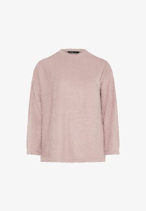 Fuzzy lichtroze longsleeve top met een ronde hals en een ontspannen pasvorm. Zachte textuur en geen opvallende patronen of versieringen.