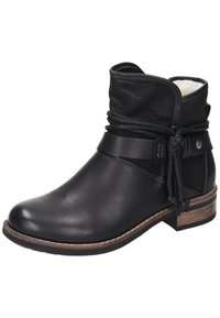 Black leather ankle boot features a textured upper, gathered design, wrapped strap detail, and a low wooden heel. Interior lined with soft material.