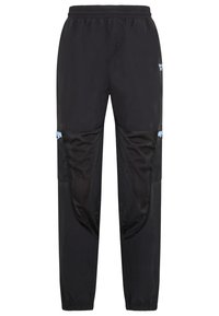 Pantalones deportivos negros con un diseño de panel de malla, cinturilla elástica y acentos en azul claro en los bolsillos. Textura suave, ajuste ceñido.