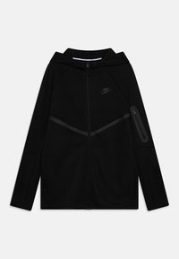 Black zip-up hoodie made from smooth fabric, featuring a hood, zippered chest pocket, and tonal logo on the upper left.
