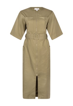 Robe chemise khaki en tissu lisse, dotée d'une fermeture éclair sur le devant, de manches courtes, d'une taille ceinturée, de deux poches latérales et d'une fente hauteur genoux.