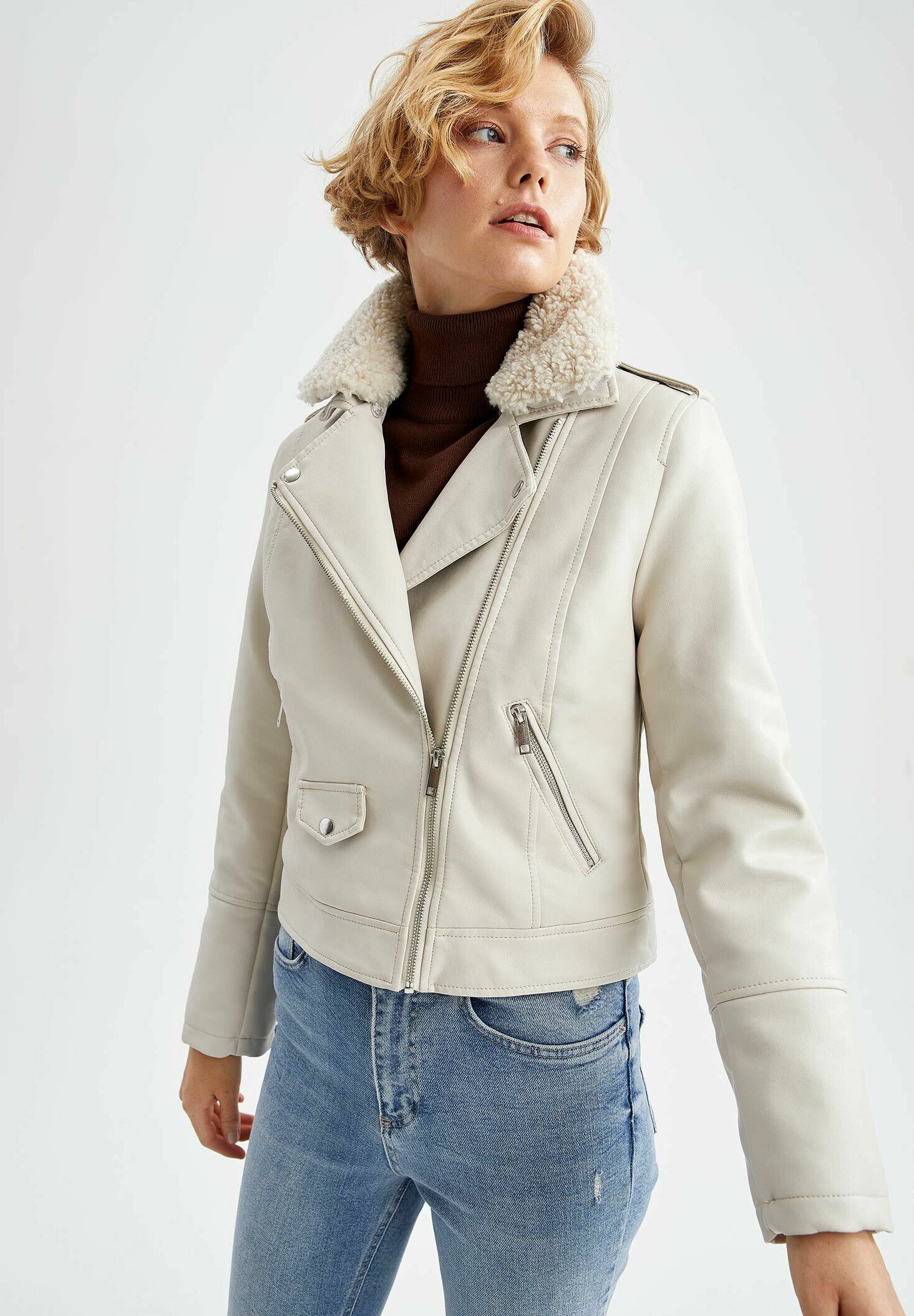 faux leather jacket beige