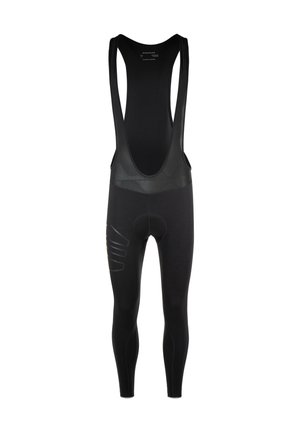Schwarze Bib-Shorts mit passgenauem Design, atmungsaktiven Mesh-Trägern, gepolstertem Sitzbereich und seitlichen Akzentdetails. Robustes Material für Radaktivitäten.