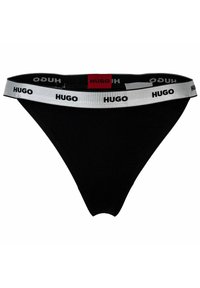 Schwarzer String aus einem weichen Stoff. Verfügt über einen weißen elastischen Taillenbund, auf dem "Hugo" mehrfach gedruckt ist, sowie ein rotes Etikett auf der mittleren Rückseite.