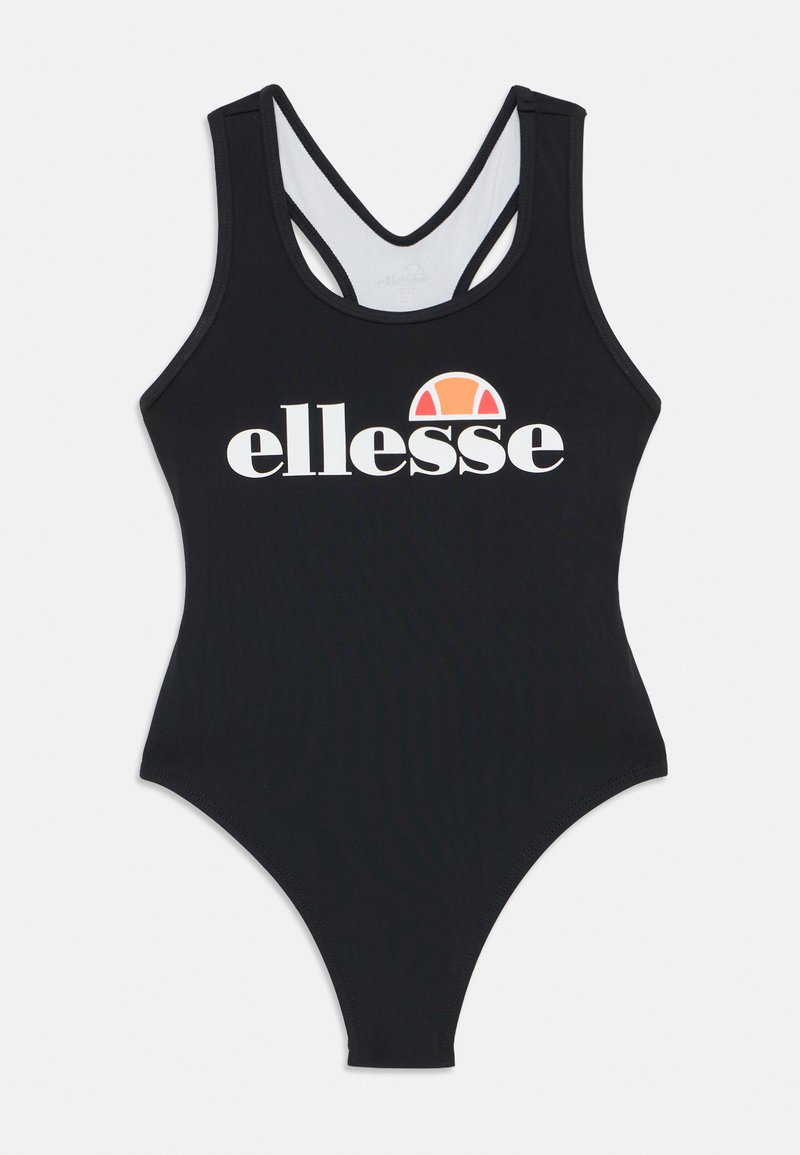 Melnas viengabala peldkostīms, kas izgatavots no elastīga auduma, ar apaļu dekoltē, racerback dizainu un centrālvietu balto logotipu ar oranžu akcentu.