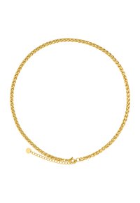 Collier en chaîne en or avec un design tissé, des maillons ronds et un fermoir à homard avec une chaîne d'extension pour une longueur réglable.