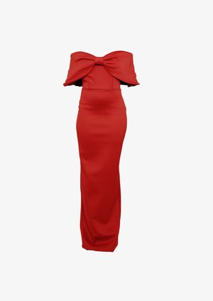 Raudona, Grindų ilgio, be petnešų su dideliu kaspinu ant krūtinės ir lieknu, prigludusiu siluetu.