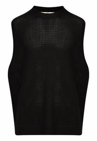 Top sin mangas de punto negro que presenta un corte holgado, cuello alto y una textura de tejido abierto. Diseño minimalista con dobladillo acanalado.