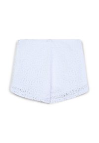 Shorts en dentelle blanche avec un motif floral texturé et un ourlet festonné. Le vêtement se ferme avec une fermeture éclair discrète à l'arrière.