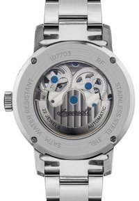 Roestvrijstalen automatische horloge met een transparante achterkant, die blauwe accenten op de tandwielen toont. Waterdicht, gepolijste afwerking en tekstuurd details.