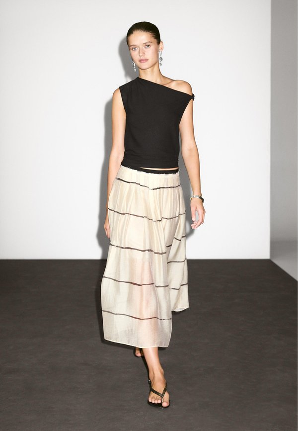 STRIPED FLOWING MIDI - Faltenrock - beige